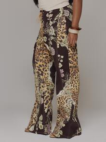 MUSERA Plus Size Leopard Print Floral Detail Lace Up Flare Trousers Spring Summer Casual Everyday Day Outfit Going Out - Multicolor - View 3