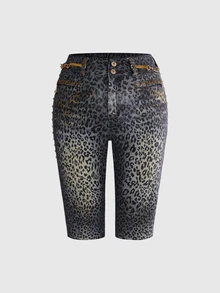 ROMWE Grunge Punk Y2K Retro Sexy Leopard Print Metal Rivet Ultra Low Waist Skinny Denim Shorts - Multicolor - View 1