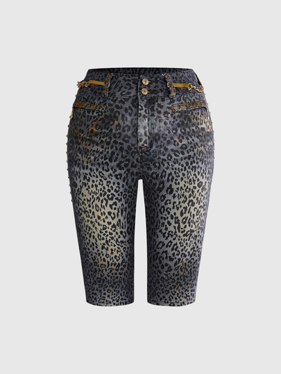 ROMWE Grunge Punk Y2K Retro Sexy Leopard Print Metal Rivet Ultra Low Waist Skinny Denim Shorts