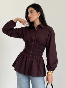 Veilorie Women's Solid Color Pleated Casual Versatile Daily Wear Shirt - Brown - View 4