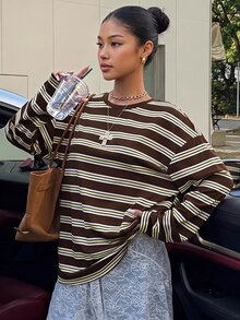 SHEIN 青少年女孩秋季新款休閒學院風運動針織條紋寬鬆長袖T恤 - 彩色 - 查看 7