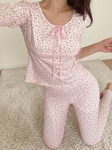 DAZY Ditsy Floral Print Knot Front PJ Set - Pink - View 7
