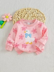 SHEIN 1件嬰兒幼兒女童套頭運動衫 可愛甜美粉藍鴨子花卉蝴蝶結 長袖圓領 常規款 生日派對 秋冬節日上衣 - 彩色 - 查看 5