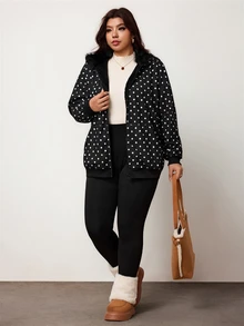 Enliva Plus Size Women's Polka Dot Hooded Jacket With Faux Fur Trim Zip Up Long Sleeve Outerwear For Fall Winter - Black - View 3