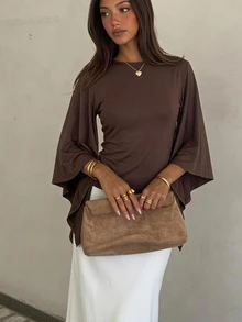 Siren Gaze Women's Solid Color Elegant Round Neck Draped Bell Sleeve Blouse - Brown - View 3
