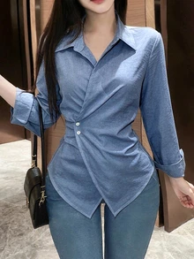 SHEIN LUNE 女款素色長袖裹身式襯衫，春秋女式上衣 - 藍色 - 查看 5