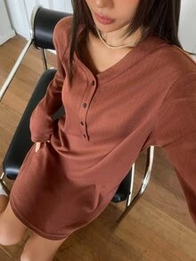 DAZY Women's Solid Color Button Half-Placket Long Sleeve Loungewear Dress - Coffee Brown - View 3