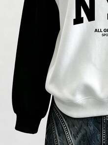 Collagica Collagica Loose Split Zip-Up HoodieWhite Black Color Block NYC Hoodie Back To School Pullover Sweatshirt - Multicolor - View 3
