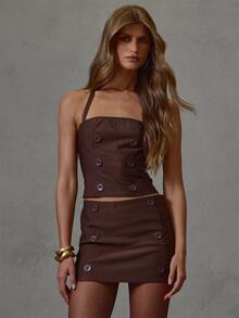 MUSERA Atasan Leher Halter Tenun Cokelat dengan Detail Kancing untuk Musim Gugur dan Musim Dingin, Cocok untuk Sehari-hari, Santai, Jalan-jalan, Gaya Keren, Festival, dan Pesta. - Coklat - View 1