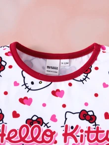 HELLO KITTY AND FRIENDS | SHEIN Baby Girl Cartoon Print Round Neck Flutter Sleeve Cute Romper - Red - View 3