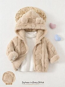 Cozy Pixies 女嬰 3D 耳朵珊瑚絨加厚愛心圖案連帽長袖冬季外套 - 杏色 - 查看 10