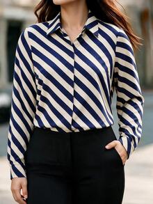 Elenzga Plus Size Elegant Diagonal Striped Satin Shirt Lapel Long Sleeve Silky Embroidery Blouse - Multicolor - View 3