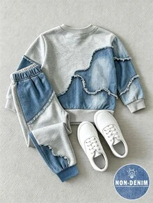 SHEIN 女童 2 件套休閒時尚春夏季秋季男孩圓領運動衫與運動長褲兩件套，酷炫幾何拼接圖案，彈性柔軟面料，春夏季秋季男孩套裝，休閒穿著，返校，派對，適合戶外野餐，街頭攝影，校園，假期，禮物用途 - 彩色 - 查看 2
