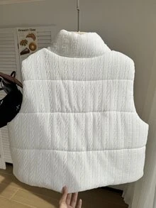 Comfortcana Plus Size Women's Casual Knitted Textured Padded Vest - Beige - View 2