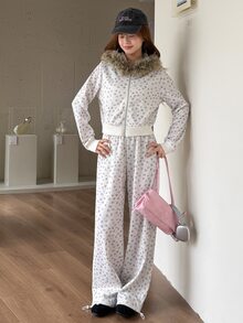 K-Vae Women's Korean Style Gentle Ditsy Floral Oversized Fur Collar Sweatshirt & Wide Leg Sweatpants Casual Versatile Set - Multicolor - View 4