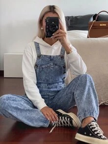 SHEIN Celana Panjang Overall Denim Kasual untuk Remaja Perempuan - Biru - View 1