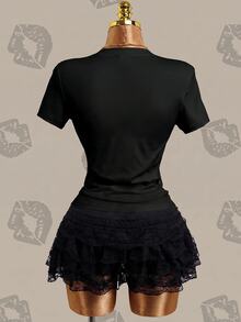 Betty Boop x SHEIN 女款卡通圖案休閒日常短袖T恤 - 黑色 - 查看 10