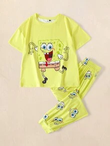 SpongeBob SquarePants | SHEIN Set Piyama Wanita Motif Kartun Atasan Lengan Pendek dan Celana Panjang - Kuning - View 1