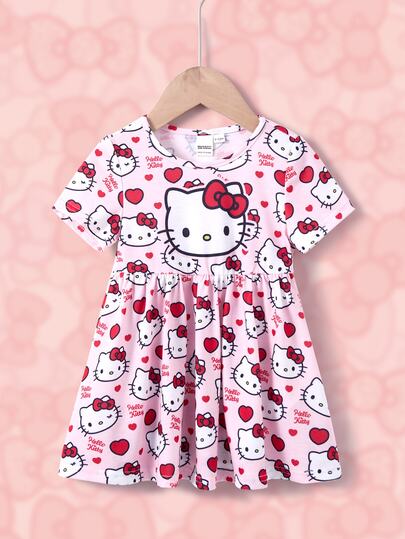 HELLO KITTY AND FRIENDS | SHEIN Baby Girl | Round Neck Cartoon Pattern Cute Dress
