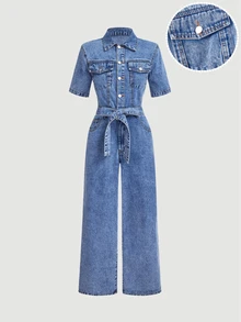 Sweetra Women's Casual Everyday Denim Jumpsuit With Turn-Down Collar - Blue - View 1