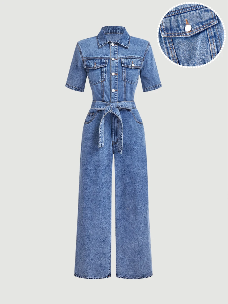 Sweetra Women's Casual Everyday Denim Jumpsuit With Turn-Down Collar - Blue - View 1
