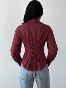 Firerie 女款酒紅色長袖襯衫，後腰綁帶收腰設計，春夏秋冬四季穿著，優雅休閒風，適合辦公室日常 - 酒紅色 - 查看 2