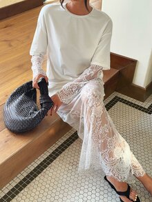 Aloruh Minimalist Romantic Elegant Commuter White New Autumn/Winter Lace Patchwork Oversized Women's T-Shirt + Full Lace Skirt Two Pieces Set Vacation - White - View 1