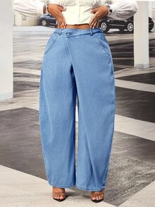 Slaydiva Jeans Plus Pinggang Tinggi Kaki Lebar - Biru - View 8