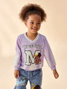 Blippi X SHEIN Young Girl V-Neck Long Sleeve Striped Cartoon Pattern Letter Print Sweatshirt - Purple - View 3