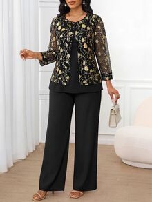 SHEIN Lady Damset med 2 delar, rundhalsad blomsterbroderad långärmad transparent topp och enfärgade byxor - Multifärgad - Visa 4