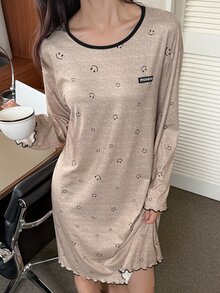 DAZY Women's Colorblock Denim Casual Daily Home Long Sleeve Nightgown - Khaki - View 4