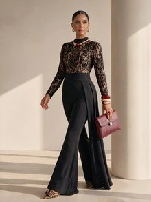 Structelle Women Lace Mock Neck Long Sleeve Jumpsuit High Waist Side Draped Flared Pants For Party Evening Elegant Fall Winter Outfit - Black - View 3