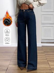 SHEIN Warm Fabric High Waist Casual Style Dark Blue Raw Wash Regular Fit Button Front Straight Jean - Dark Wash - View 1