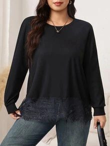 Easowa Curve Plus Size Fashion Versatile Lace Patchwork Long Sleeve Knit T-Shirt - Black - View 5