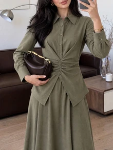 Solavon Women's Solid Color Pleated Long Sleeve Top And Skirt Casual 2 Pieces Set - Army Green - View 5