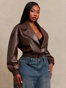 SHEIN SXY جاكيت قصير فضفاض برقبة على شكل حرف V وأكمام طويلة من الجلد الصناعي البني للشتاء - شوكولاته بني - مشاهدة 6