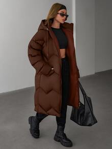 EURMUSE Women Solid Color Contrast WhiteColor Lining Detailed Long Winter Coats - Brown - View 1