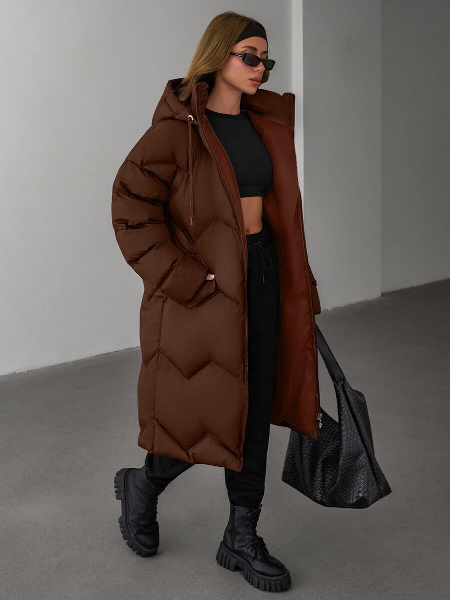 EURMUSE Women Solid Color Contrast WhiteColor Lining Detailed Long Winter Coats - Brown - View 1