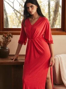 Lullawish V-Neck Short Sleeve Pleated Lace Solid Color Women's Nightgown - Red - View 1