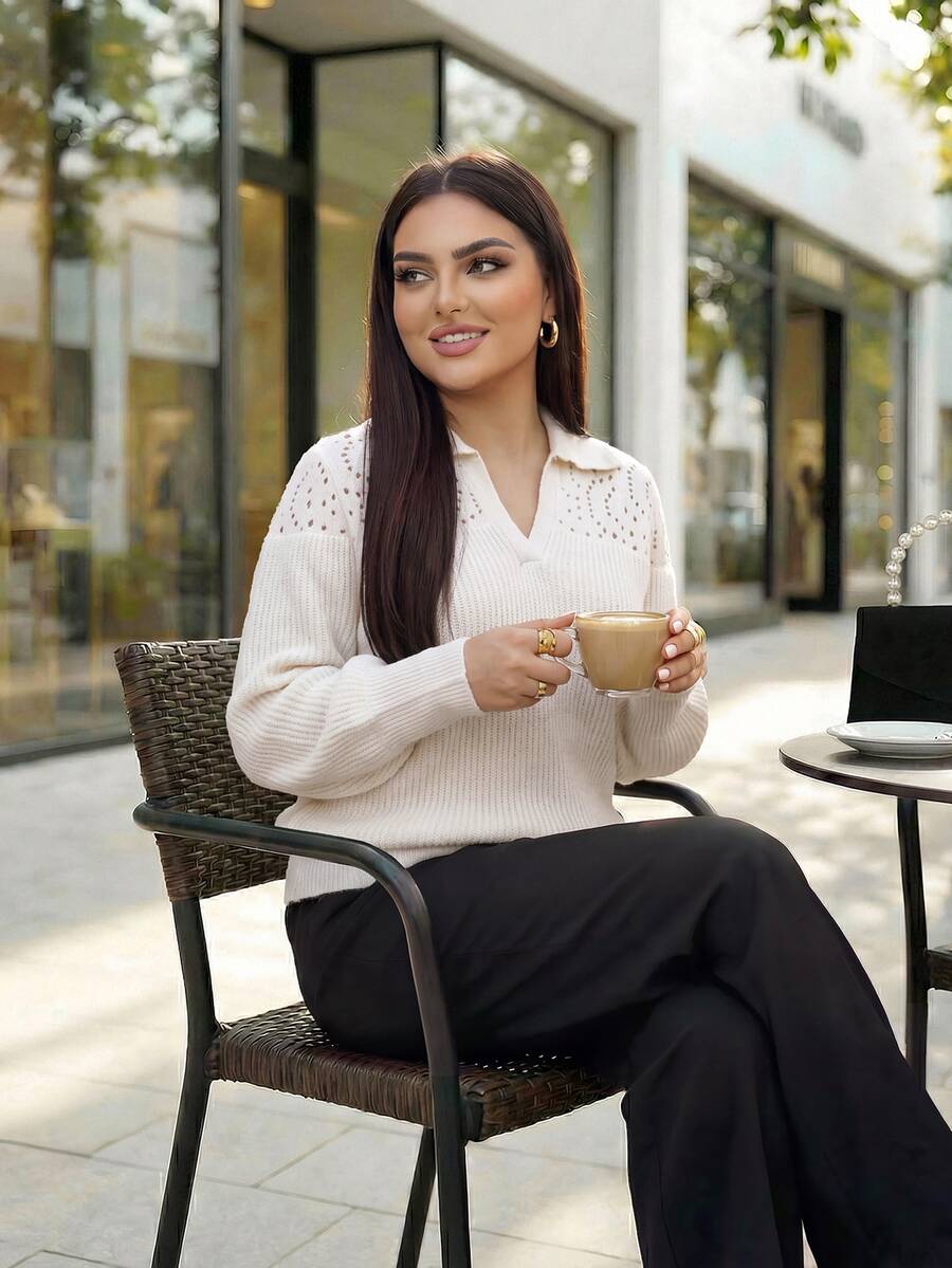 Dripcurv Sweater Pullover Kasual Elegan Lengan Panjang Berkerah Warna Polos untuk Wanita Ukuran Besar, Warna Putih Formal untuk Pagi Hari, Musim Semi dan Musim Dingin - Unta - View 1