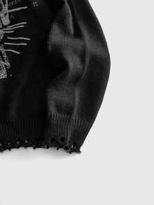 ROMWE MEN Street Life Men's Dark Iron Head & Nail Jacquard Knit Sweater, Streetwear Style - Black - View 5