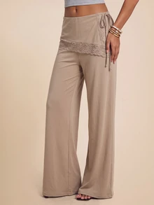 Bluhae Celana Panjang Wanita Khaki Musim Gugur yang Modis, Elegan, Pas Badan, dengan Hiasan Renda - Khaki - View 1