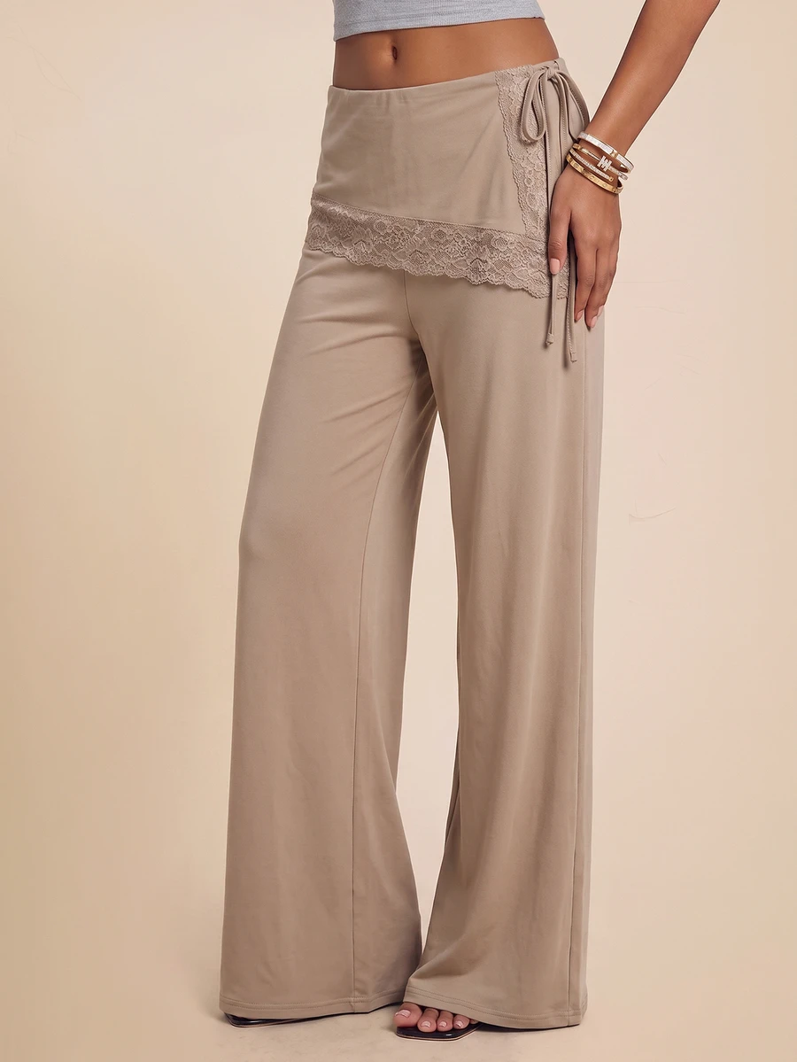 Bluhae Celana Panjang Wanita Khaki Musim Gugur yang Modis, Elegan, Pas Badan, dengan Hiasan Renda - Khaki - View 1