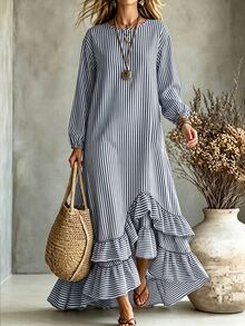 SHEIN Holidaya Women's Spring/Autumn Vintage Striped Artistic Ruffle Hem Casual Fashion Linen Long Sleeve Maxi Dress, Suitable For Outings, Dates And Commuting - Multicolor - View 3