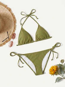 Swim Basics Women's Summer Beach Solid Color Halter Tie Sexy Bikini & Triangle Bottom Two-Piece Swimsuit Set - Olive Green - View 5