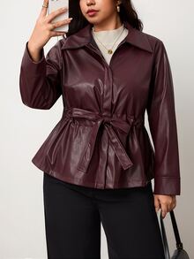 Truni Plus-Size Women's Autumn And Winter Casual Fitted Leather Jacket Pear Body,Triangle Body - Rust Brown - View 3