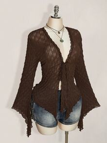 SHEIN ICON Women Plus Size V-Neck Lace Trim Casual Daily Wear Blouse - Brown - View 5