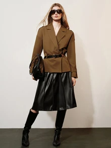 Aveloria Modichic Women's Loose Waist Belt Coffee Color Draped Drop Shoulder Double-Breasted Blazer - Coffee Brown - View 6