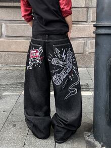 STEELVANCE 街頭風復古時尚百搭水洗做舊鉚釘刺繡設計寬鬆直筒休閒牛仔褲 - 黑色 - 查看 2