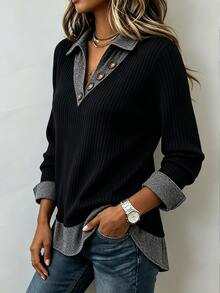 Breezaya Casual Women's Colorblock Lapel Button Design Long Sleeve Top - Multicolor - View 4